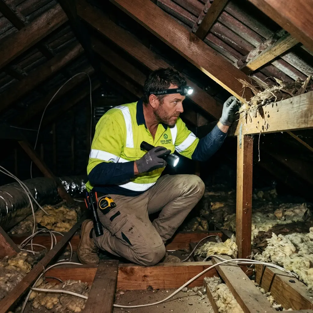 Technician inspecting a roof cavity for a dead animal in Darling